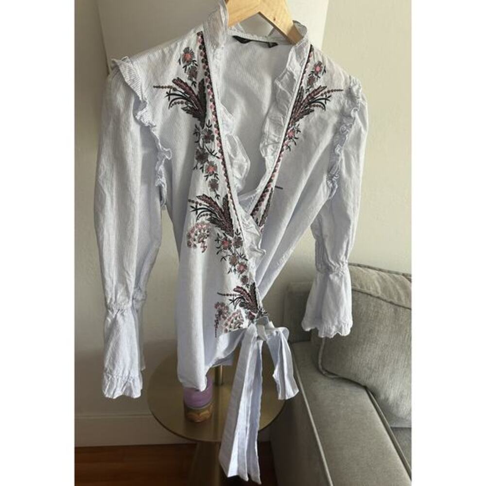 Zara Coastal Embroidered Wrap  Top Womens M Blue Stripe Beach Romantic
